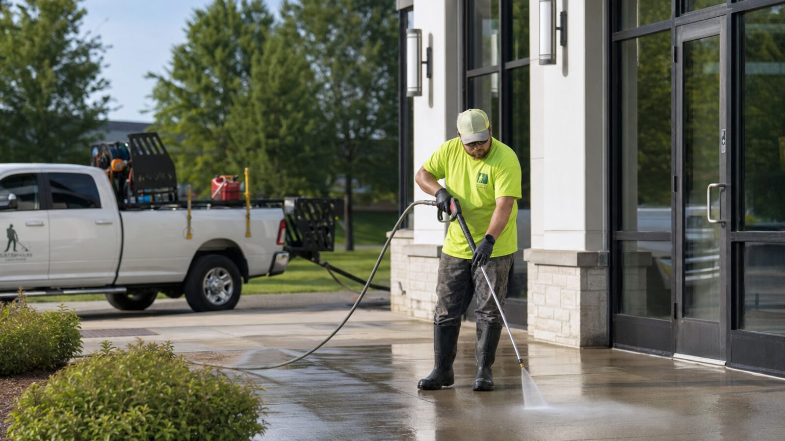 S.K. Services commercial pressure washing storefront entryway concrete in Abingdon MD